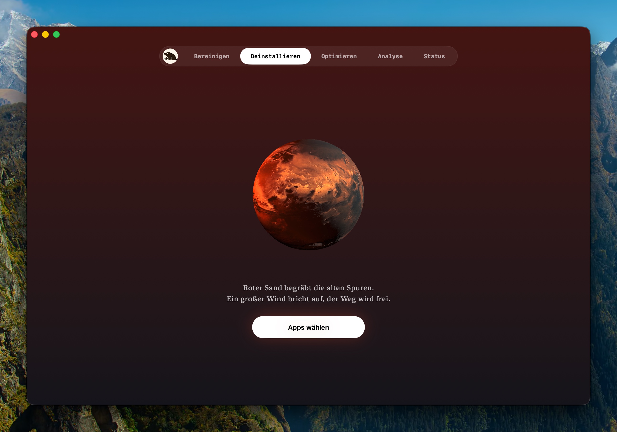 Deinstallieren-Tab mit Mars und der Schaltfläche Apps wählen