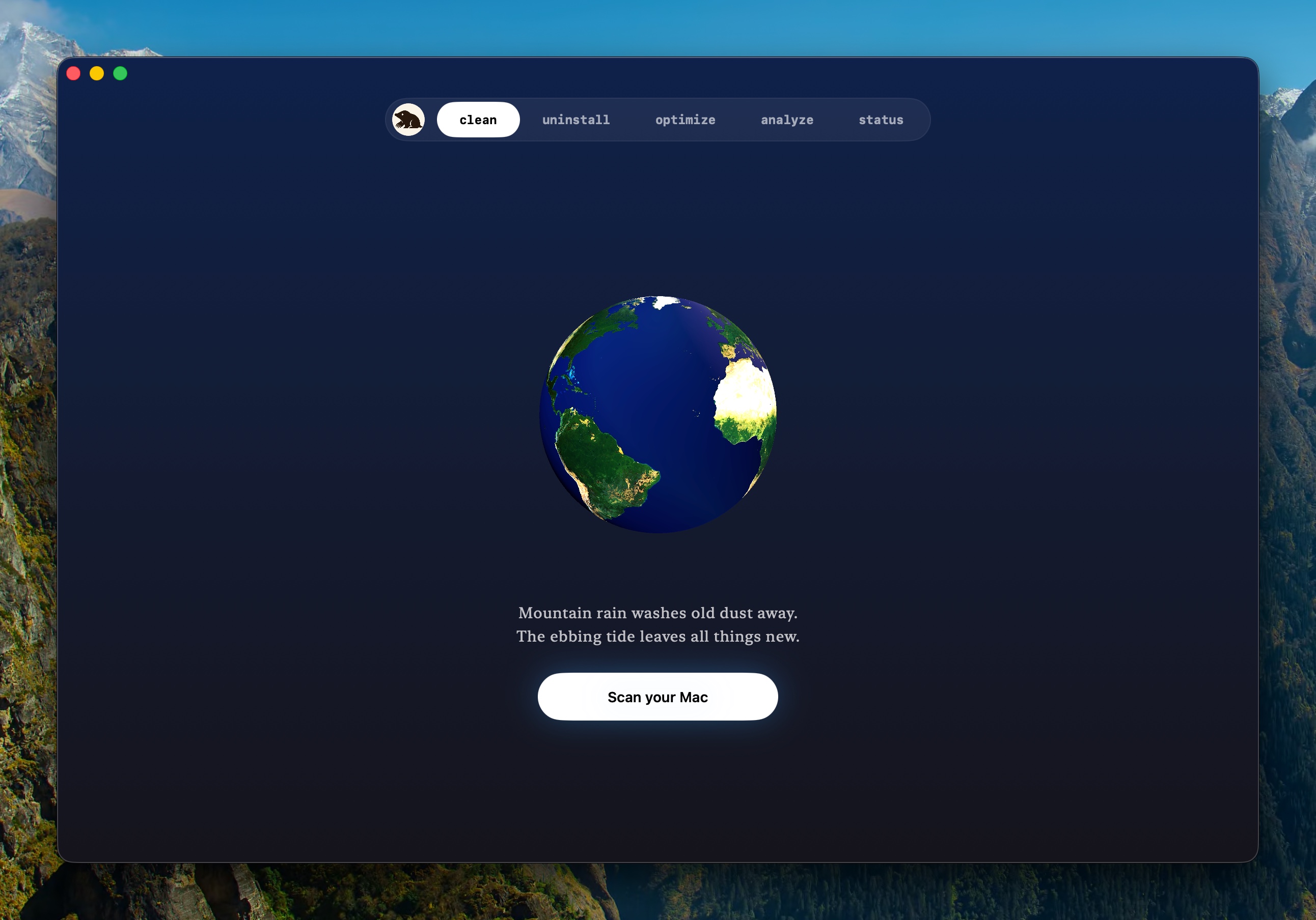 Clean tab showing Earth and the Scan your Mac button