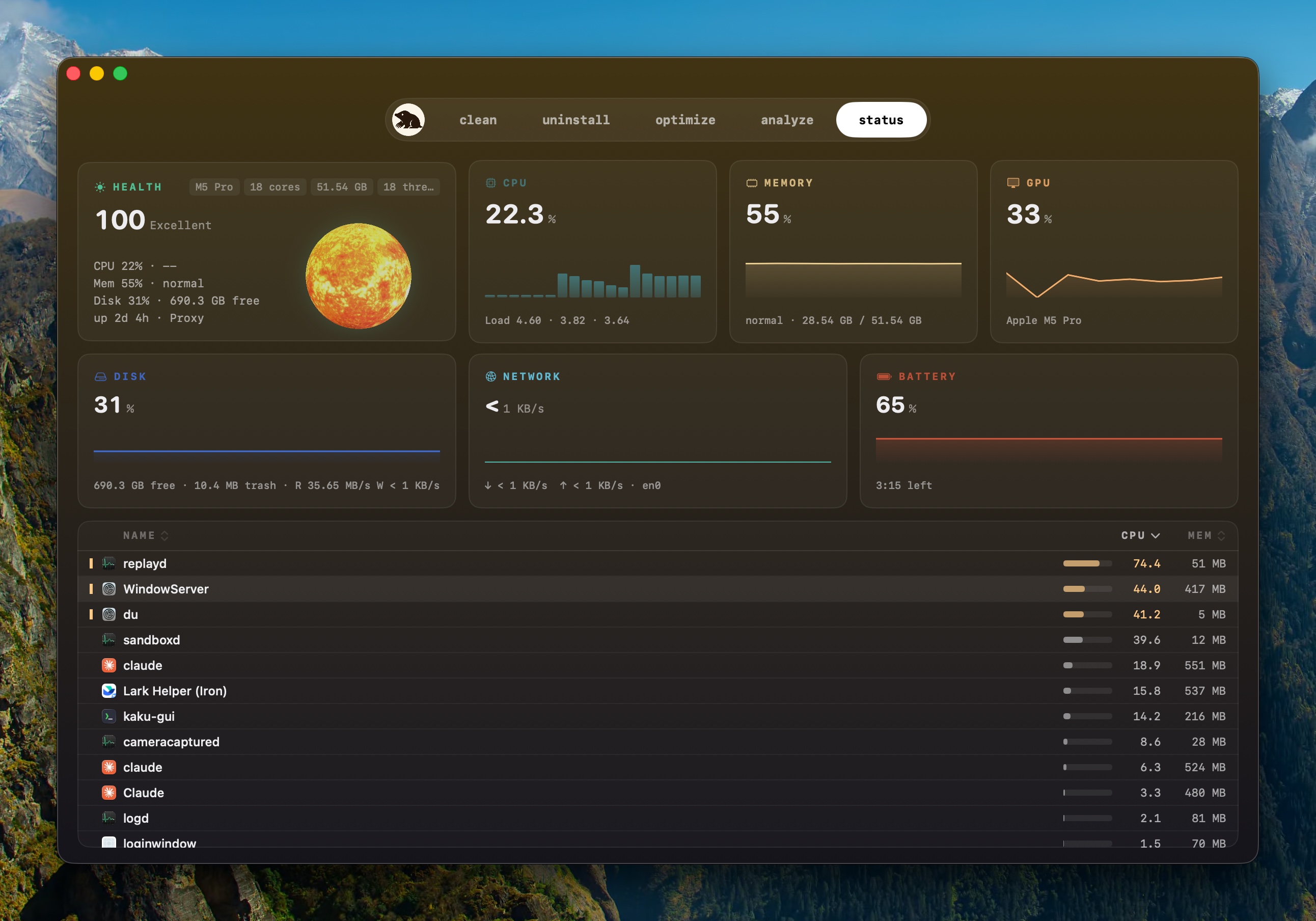 Status dashboard with CPU, memory, GPU, disk, network, battery, and processes