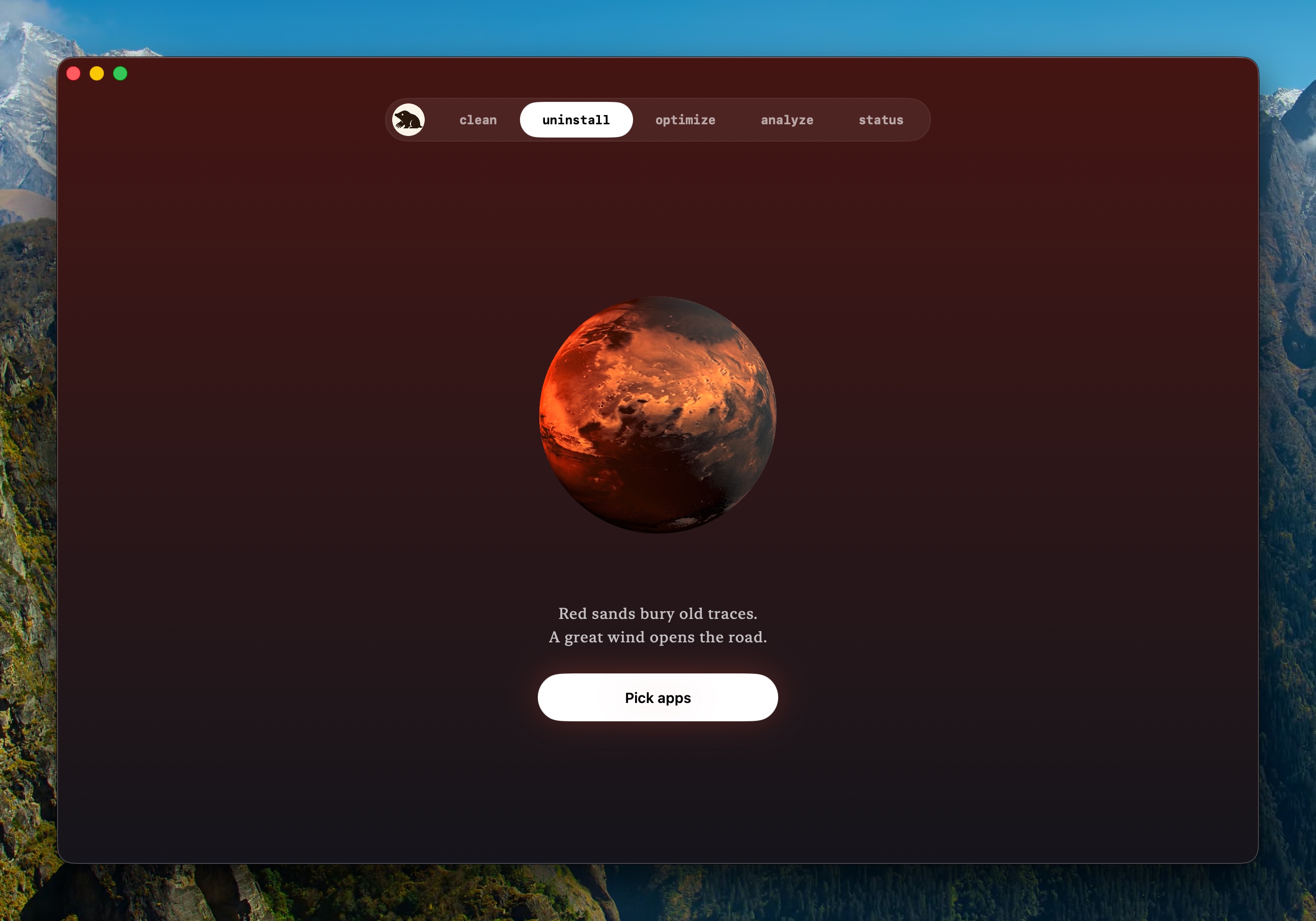 Uninstall tab showing Mars and the Pick apps button