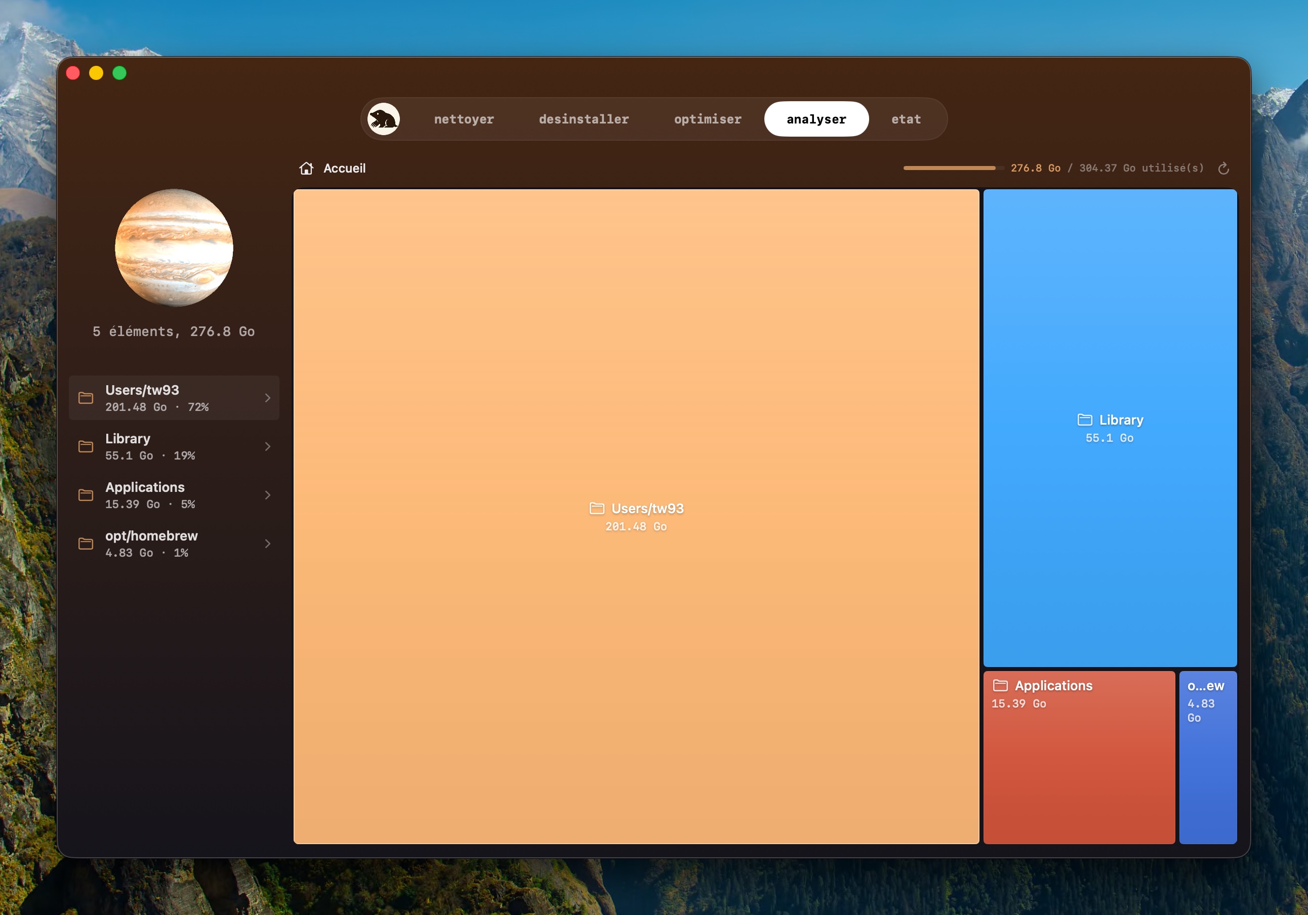 Onglet Analyser, treemap de l'utilisation disque