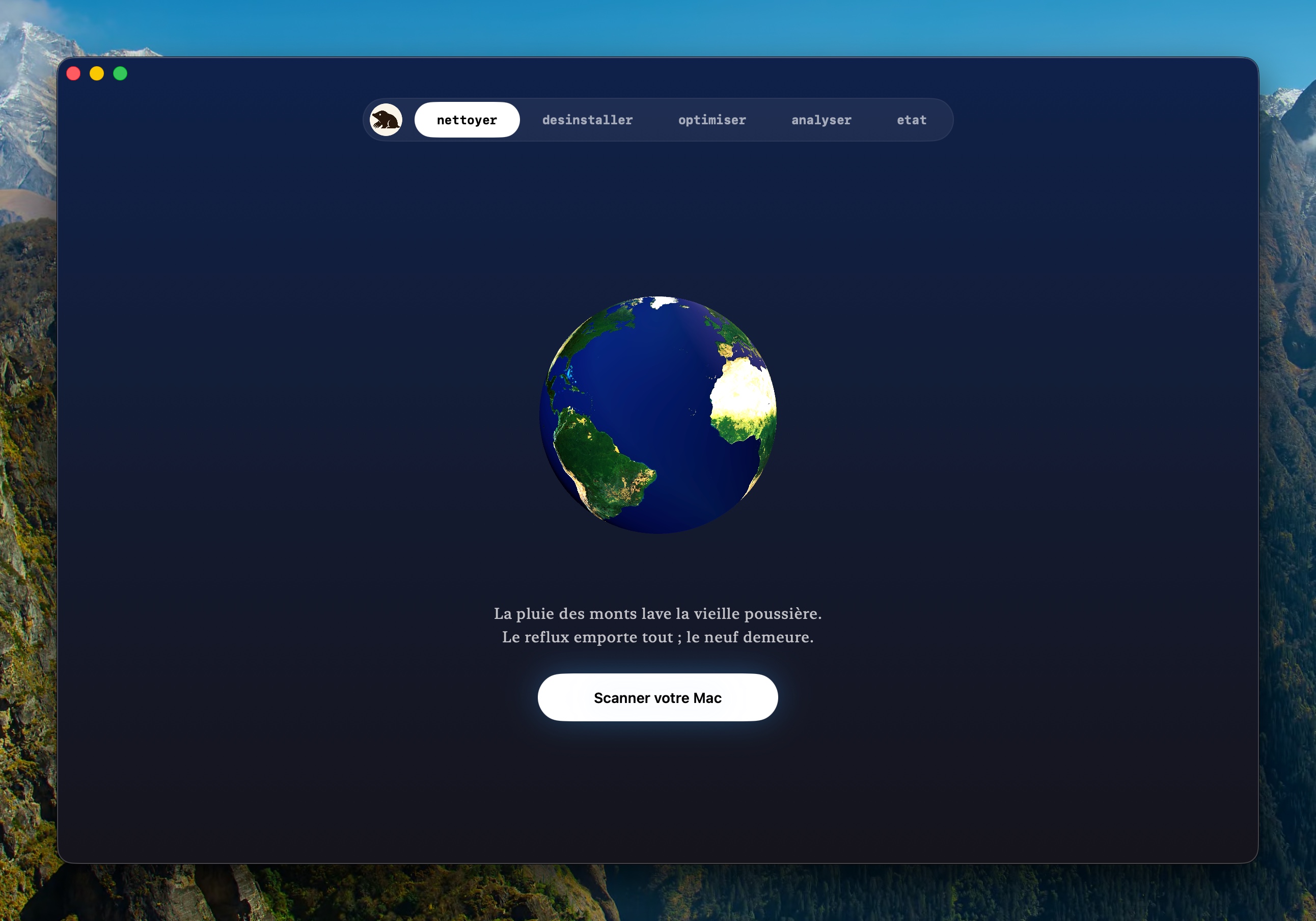 Onglet Nettoyer, la Terre et le bouton Scanner votre Mac
