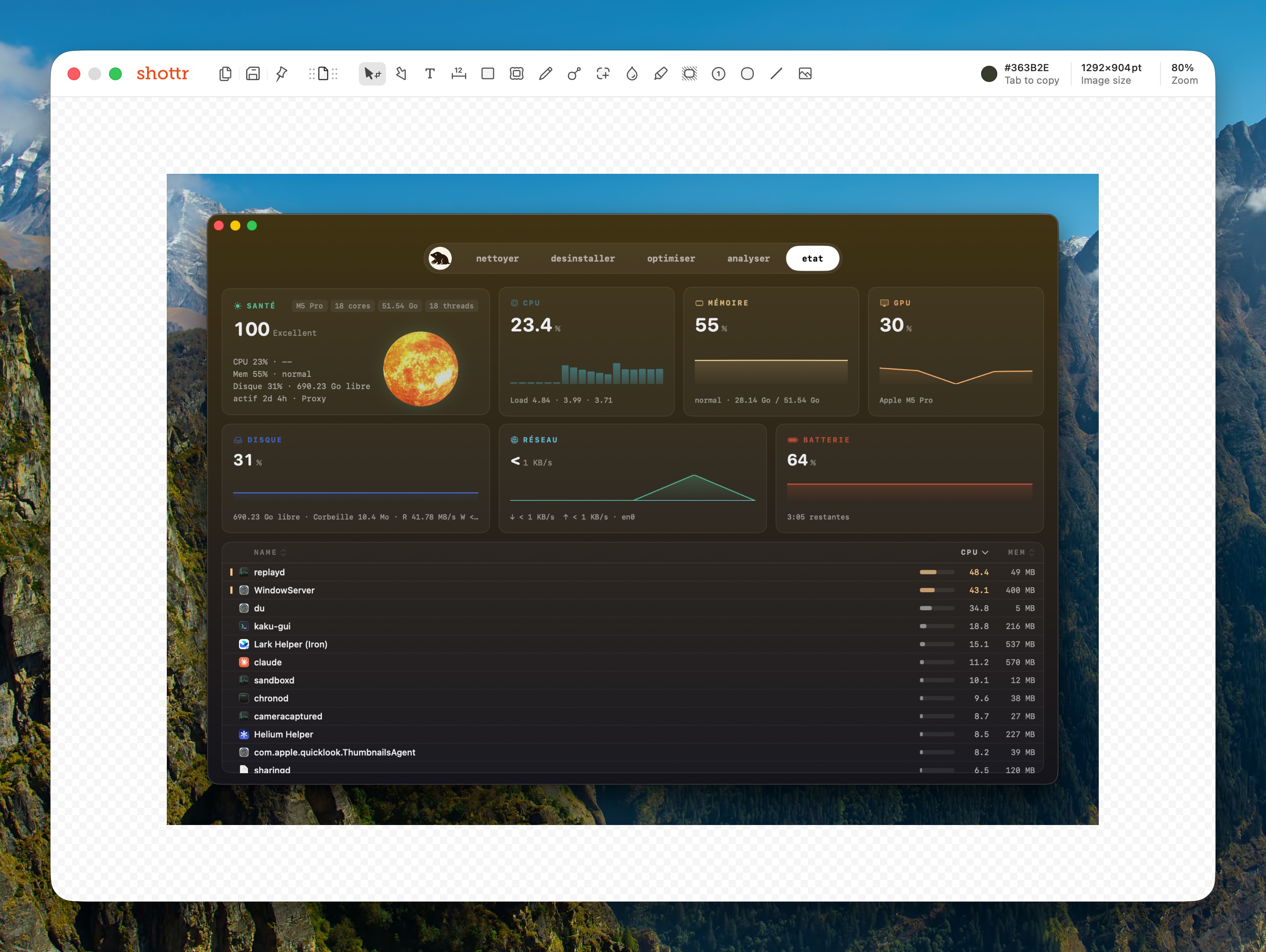 Tableau de bord Statut avec CPU, memoire, GPU, disque, reseau, batterie et processus